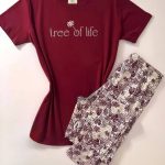 بيجامة صيفي حريمي قطن تيشيرت نبيتي بطبعة Tree of Life وبنطلون نقشة أوراق - كود 0148