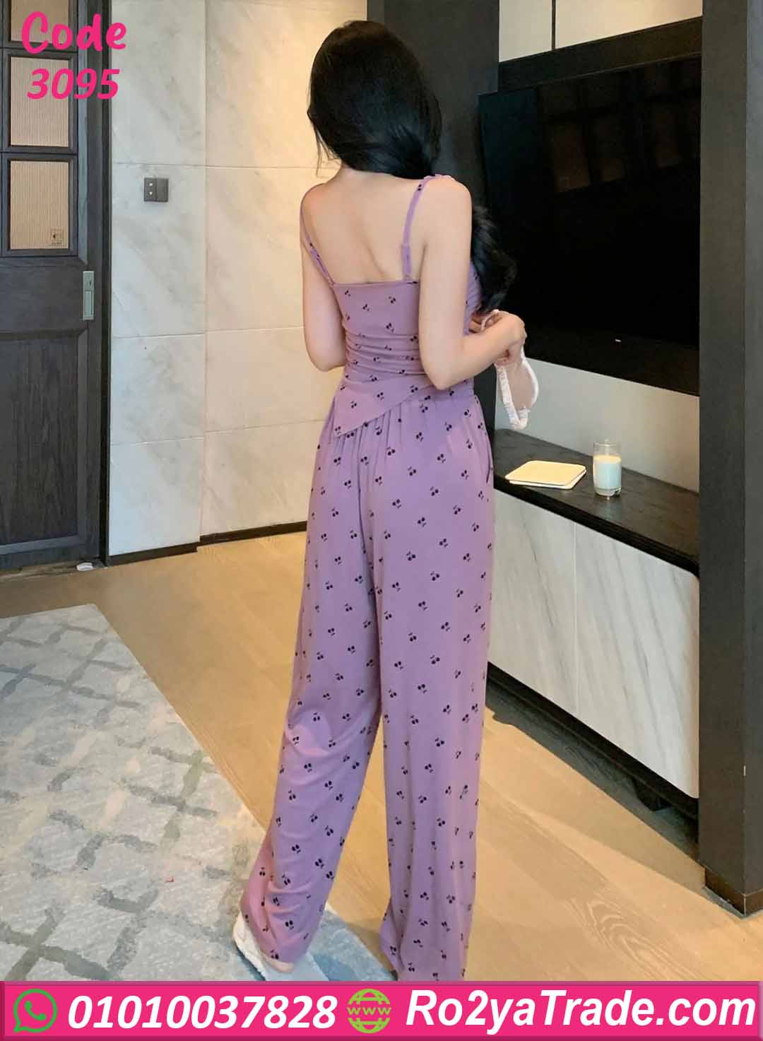 بيجامة نسائية صيفي بطبعة كرز وان سايز