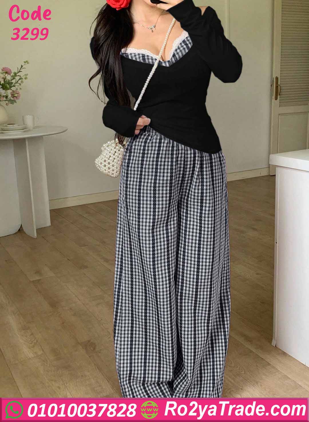 بيجامة صيفي نسائية كاروه وان سايز ستايل شيك