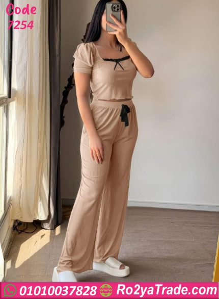 بيجامة صيفي حريمي كروب ريب لون بيج كود 7254