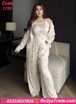 بيجامة حريمي 3 قطع كود 1720 بتصميم أنيق وخامة ناعمة مريحة مع كارديجان وبنطلون واسع لإطلالة منزلية راقية.