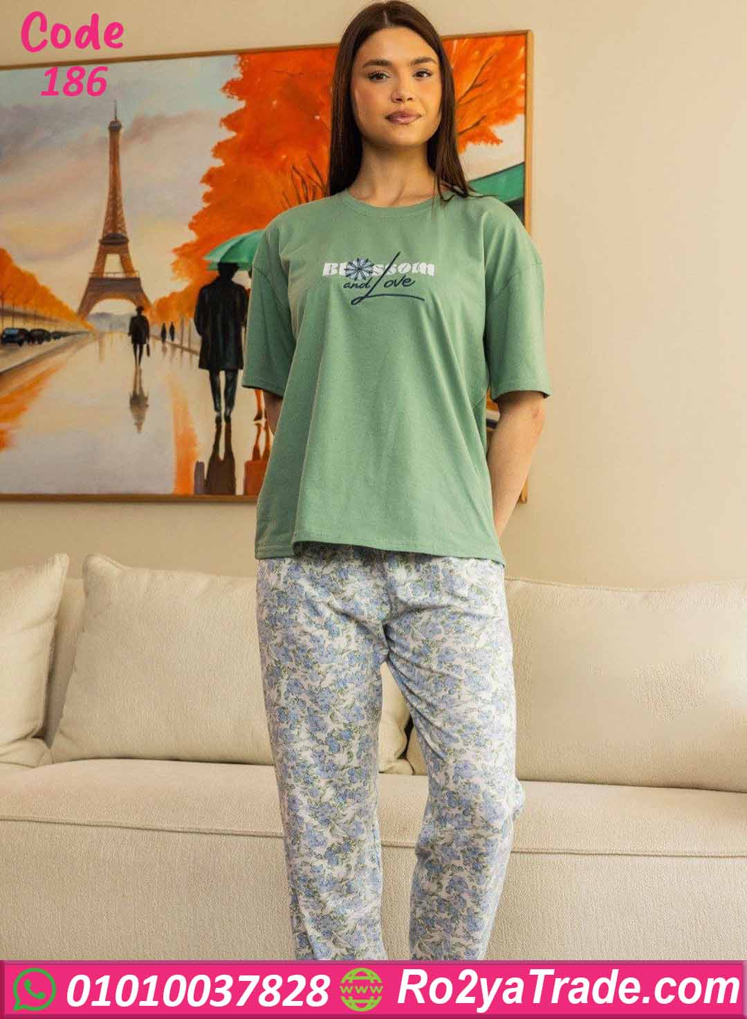 بيجامات وترنجات نسائية صيفي، بيجامة حريمي، بيجامة صيفية، بيجامة Blossom and Love، بيجامة زهور، ملابس منزلية حريمي، بيجامة مريحة، بنطلون طويل حريمي، وان سايز، ALMA، ملابس نوم نسائية، رؤيه تريد