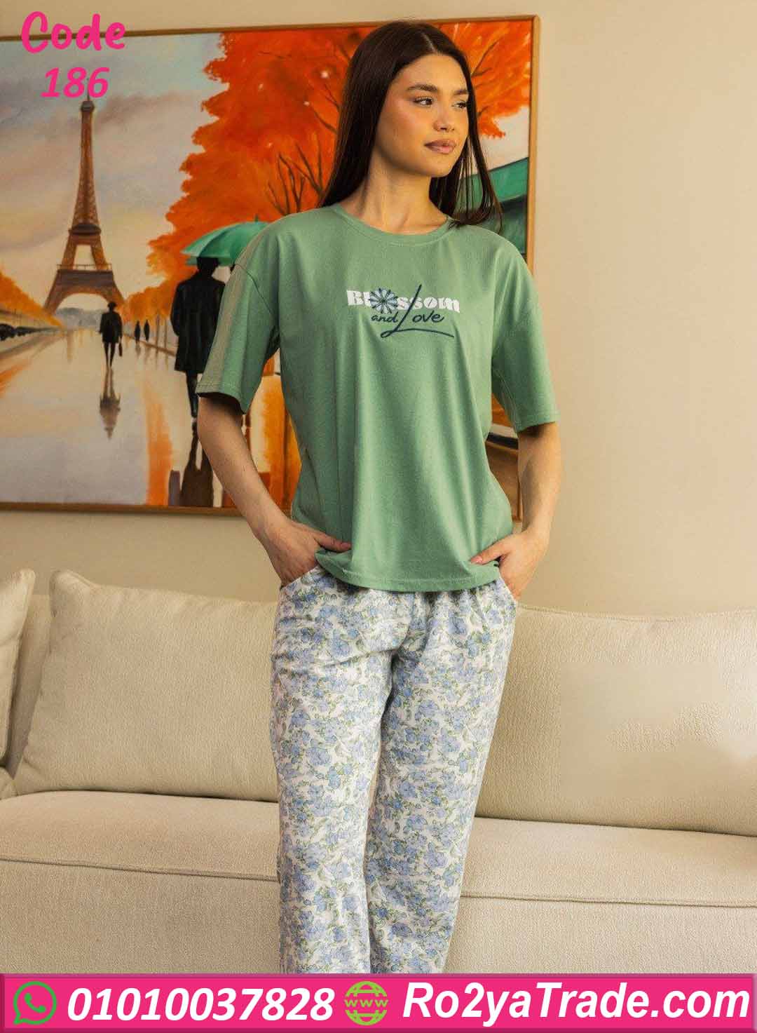 بيجامات وترنجات نسائية صيفي، بيجامة حريمي، بيجامة صيفية، بيجامة Blossom and Love، بيجامة زهور، ملابس منزلية حريمي، بيجامة مريحة، بنطلون طويل حريمي، وان سايز، ALMA، ملابس نوم نسائية، رؤيه تريد